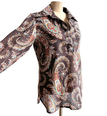Vintage 1970s Hippie Poet Psychedelic Paisley Shirt Tunic sz S M Brown Cotton