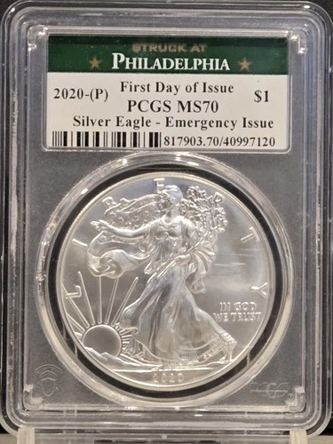 2020 Silver Eagle 1oz Emergency Issue Philadelphia PCGS MS70 First Day Of Issue