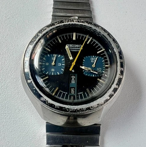 SEIKO 6138-0040 Automatic Chronograph Watch Vintage Mens BULLHEAD Black Dial