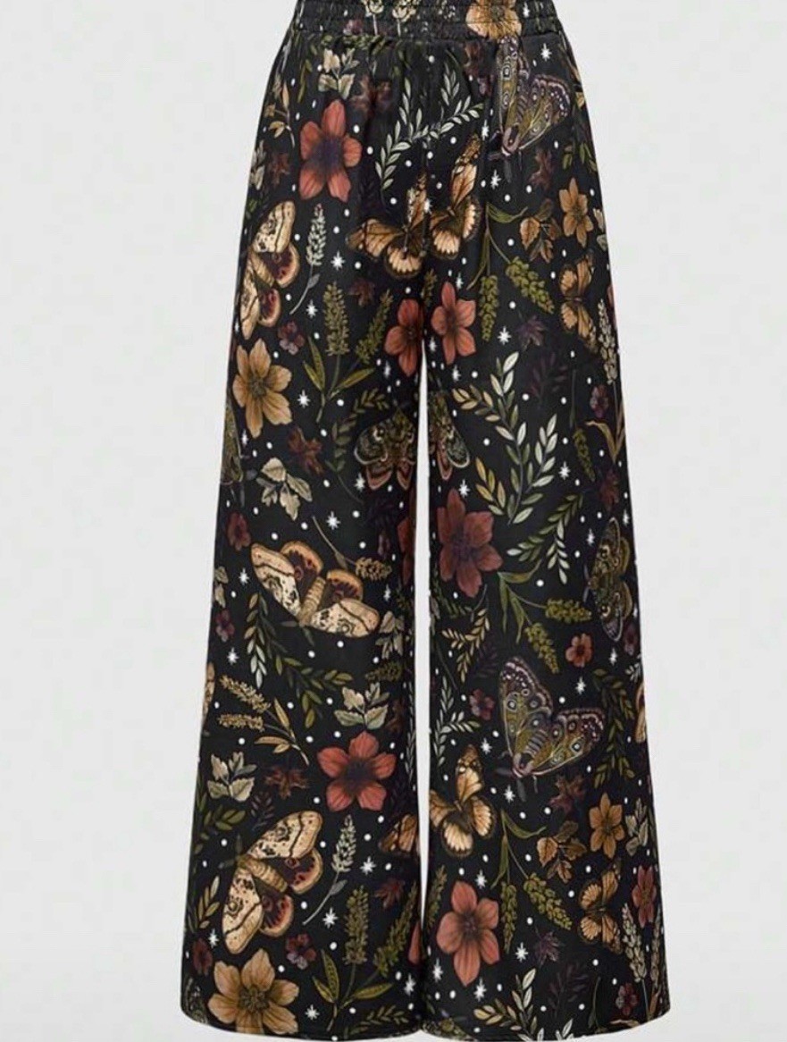 Women's Wide-Leg Pants Floral & Nature Print Bohemian Black Multicolor