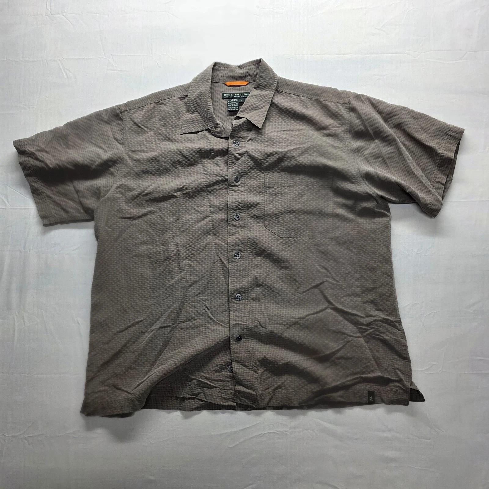 VTG Royal Robbins Shirt Mens L Brown Textured Short Sleeve Hiker Button Up Rayon
