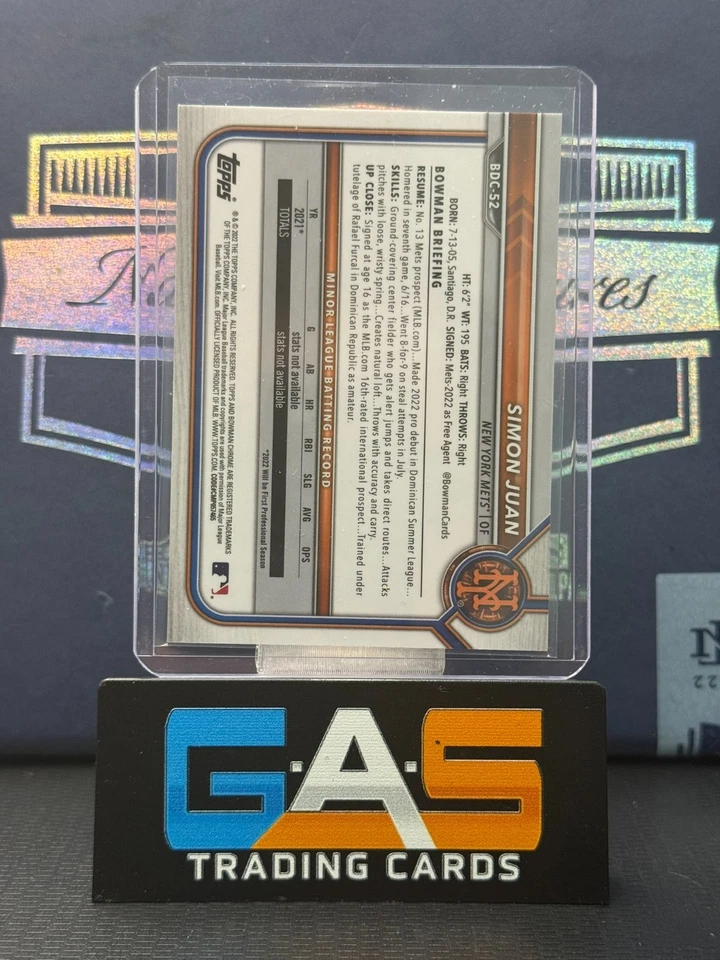 2022 Bowman Chrome Draft Sapphire Simon Juan #BDC-52 Green /50 SP RC Mets - Image 2 of 2