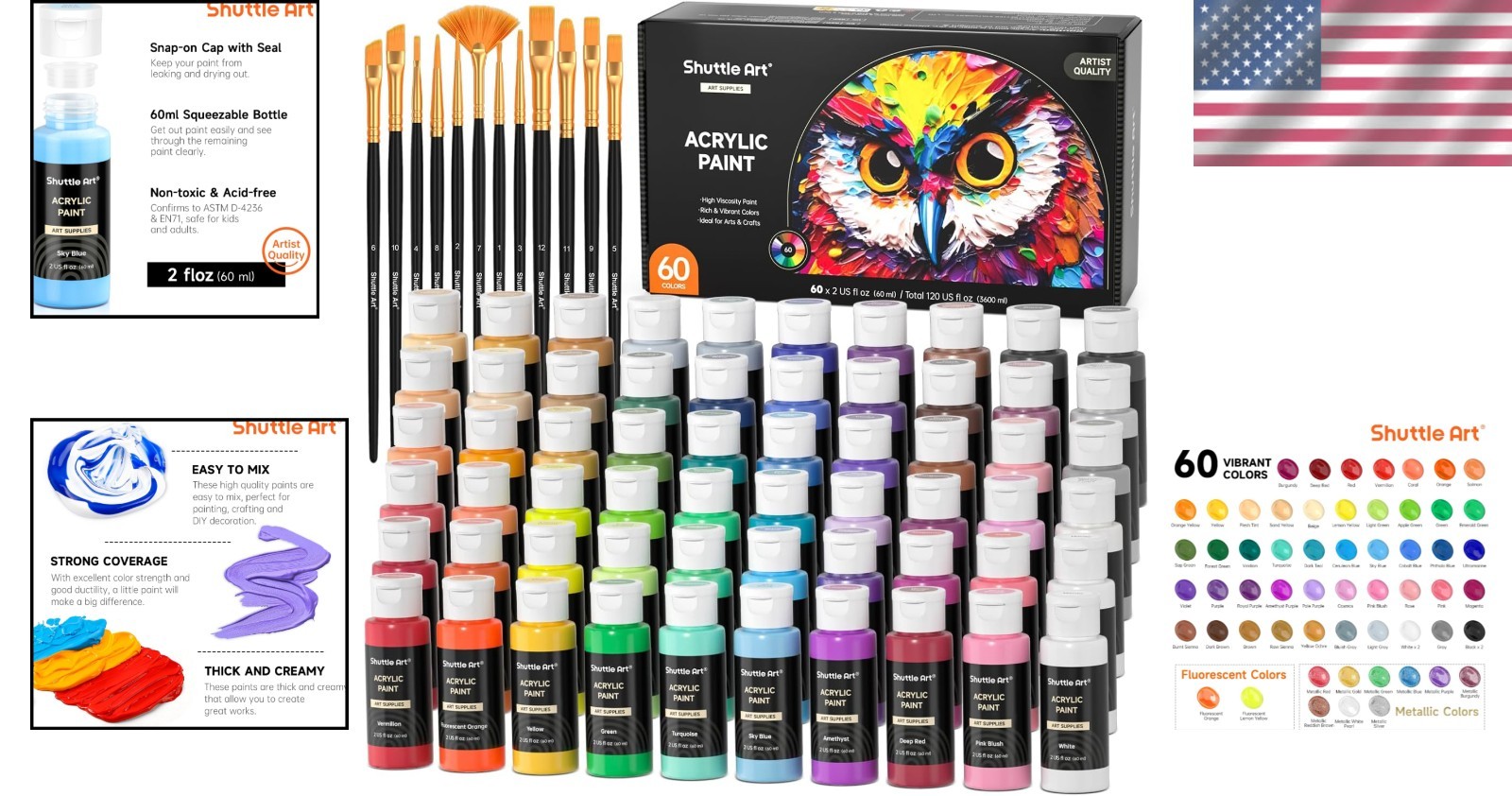 Metallic Acrylic Paint Set, 60 Colors + Brushes