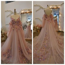 Pink Exquisite Applique Evening Dress V Neck Puffy Sleeve Royal Train Party Gown
