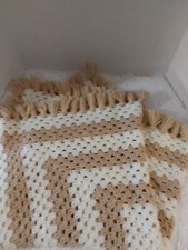 Handmade Crochet Afghan Blanket/Throw Taupe  Ivory Approx. 36" X 36" W/Fringe