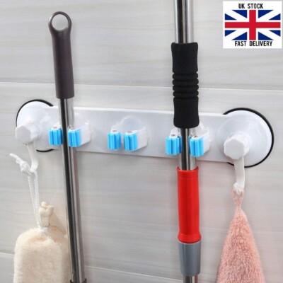 Wischmopp Besenhalter Organizer mit 3 Ablagen & 2 Haken Bürstenaufhänger Haken Wandmontage 