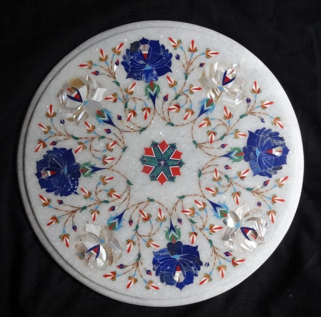 12-Inch Marble Corner Coffee Table with Floral Precious Stone Inlay for Home Decor