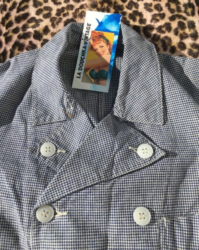 FRENCH 1930s WORKWEAR BUTCHER JACKET~DOUBLE-BREASTED~BLUE & WHITE HOUNDSTOOTH~XS - 第 1/8 張圖片