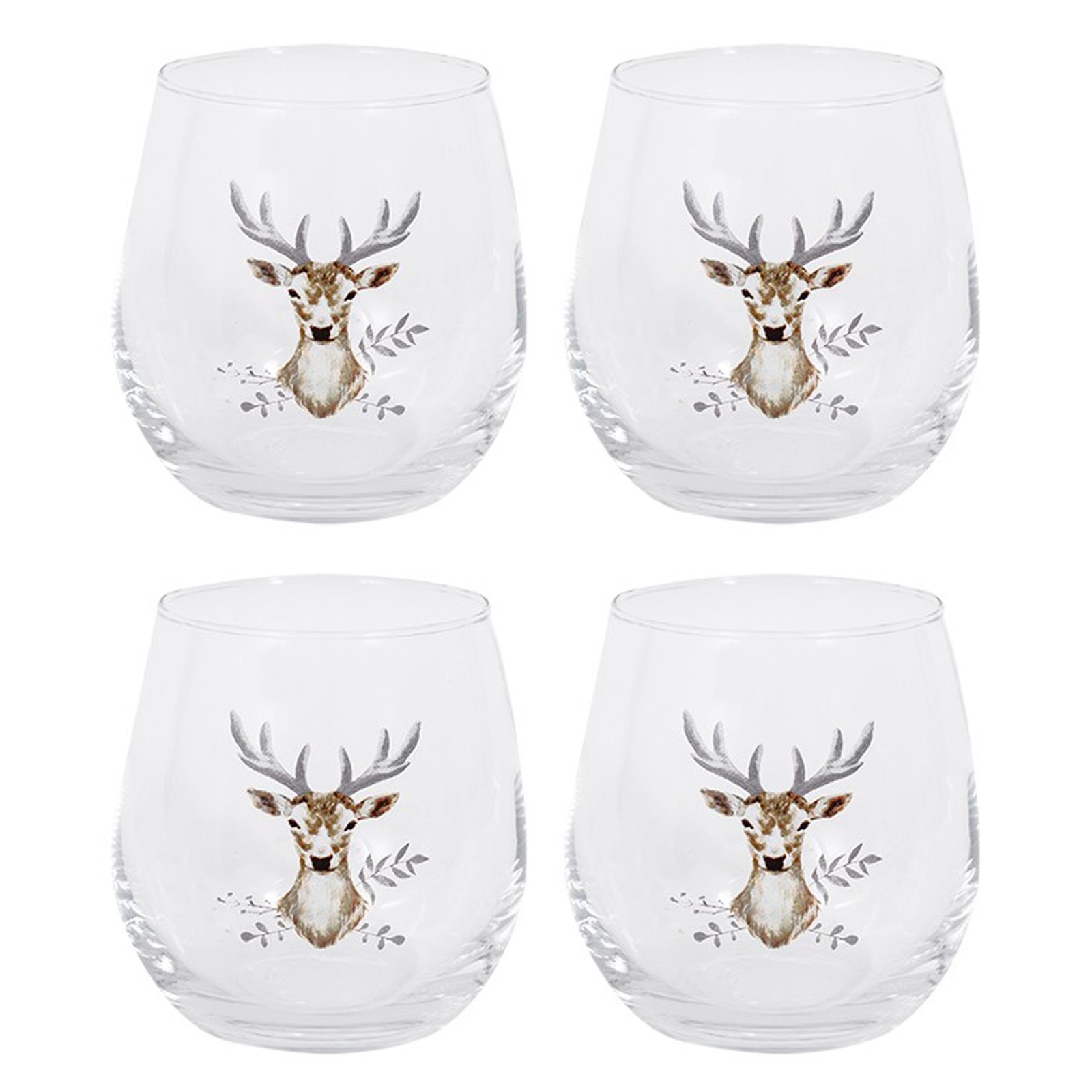 Christmas Glass Tumbler Tableware Set of 4 - Christmas Stag Reindeer Designs