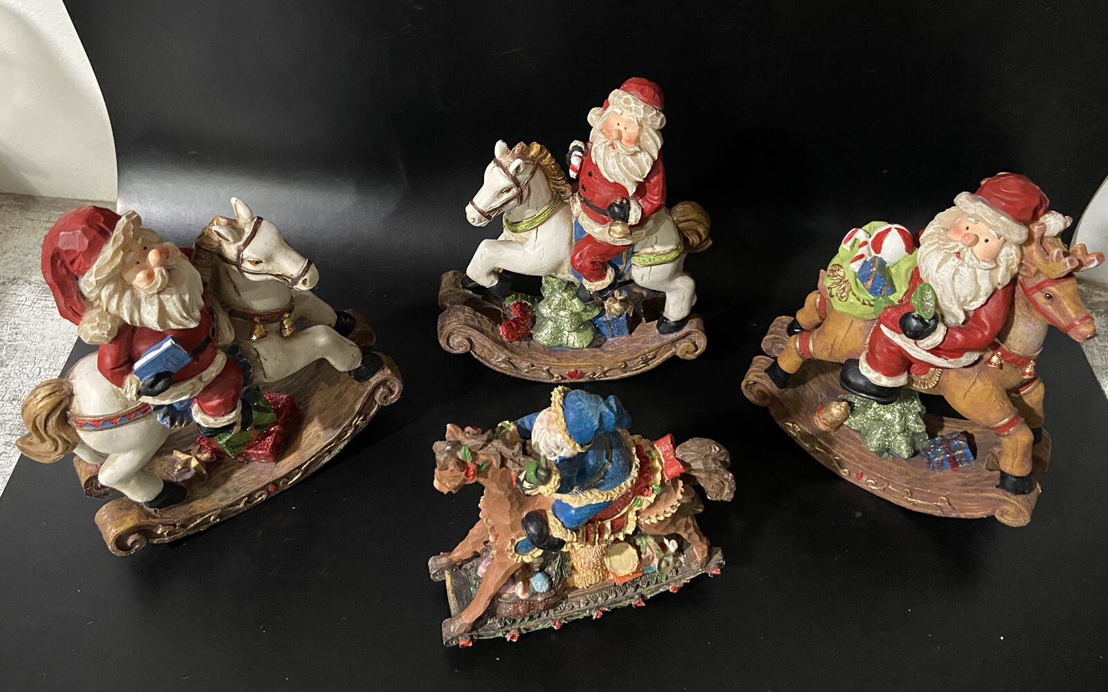 Lot Of 4 Santa & Reindeer Rocking Resin Figurines Christmas Holiday Decor