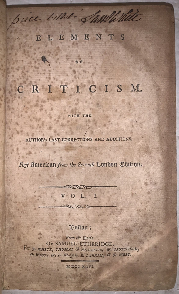 1796, 1st AMERERICAN EDITION, ELEMENTS OF CRITICISM, HENRY HOME KANES, LEATHER - Image 3 of 4