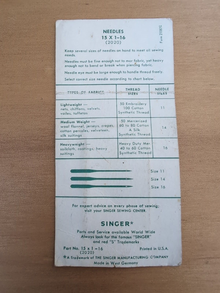 Vintage Singer Sewing Machine Needles 2020 Size 16 Unopened West