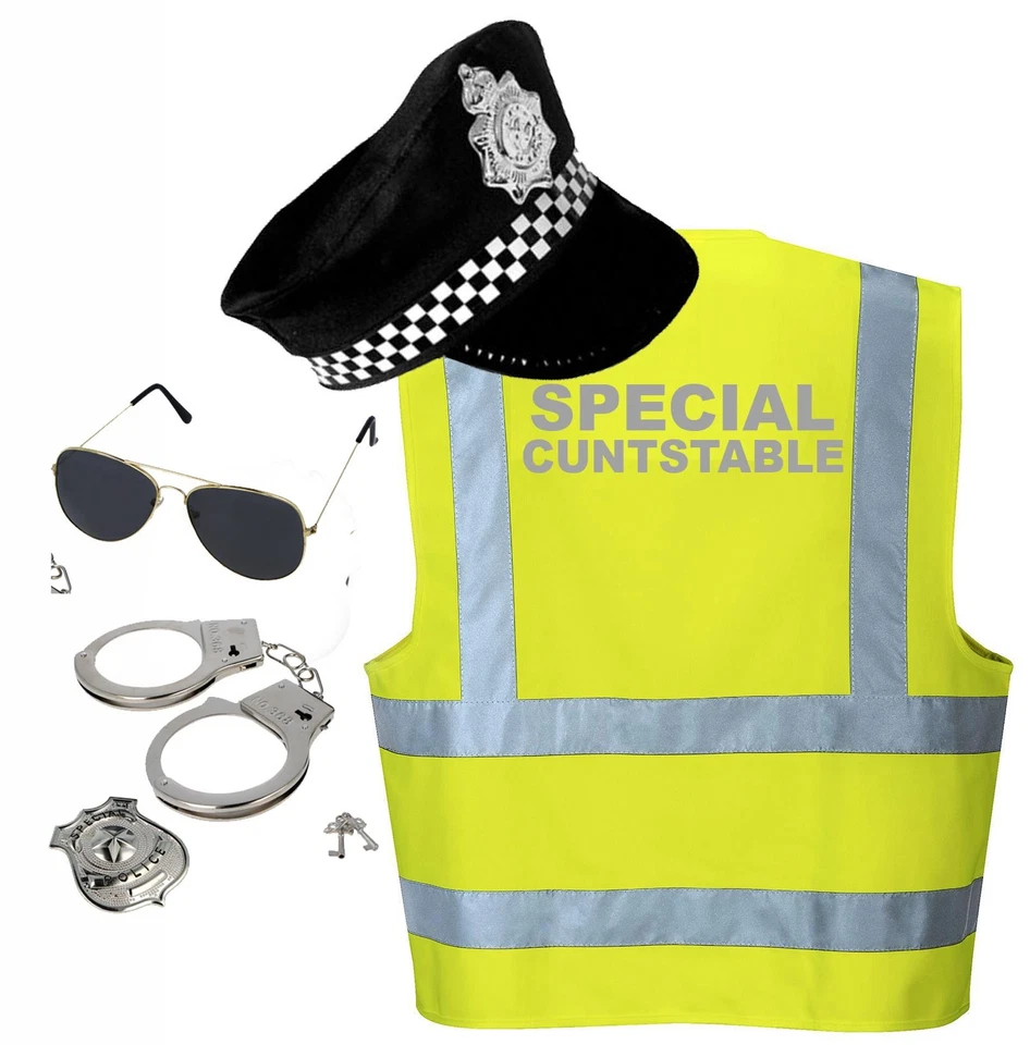 THE DRAGONS DEN FANCY DRESS LTD Adults Cuntstable Police cop Hat Hi Viz Vest & Handcuffs Stag Party Fancy Dress