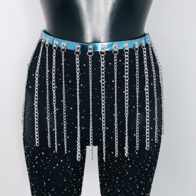 Blue Holographic Chain Skirt Festival Wear Waist Belt One Size