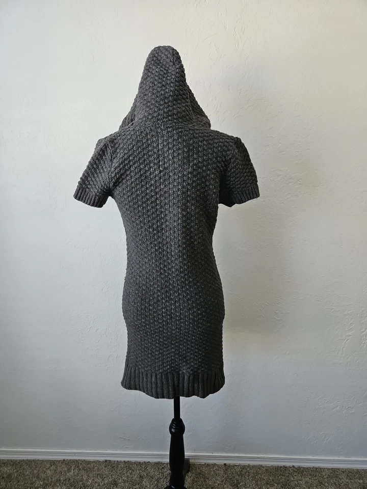 Vtg Y2k Womens Sz Lg Hollister Hooded Sweater Dress Long Sleeve Gray Deep V Neck - Image 4 of 4