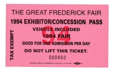 1994 Great Frederick Fair Exhibitor Concession Pass Ticket Maryland MD Card VTG