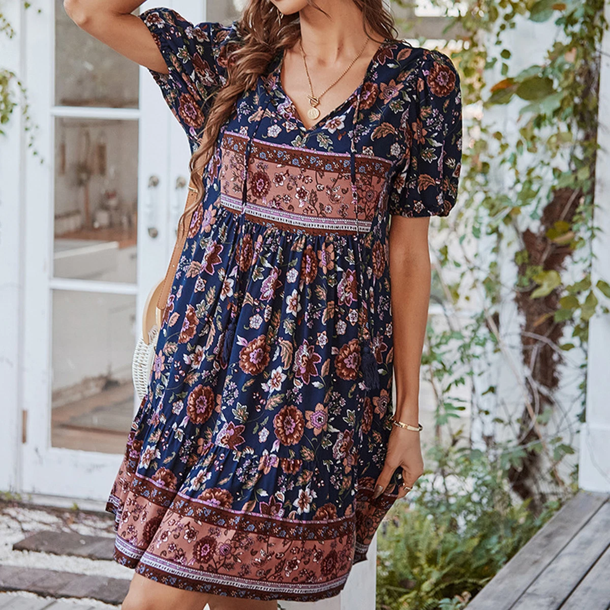 Bohemian Dress Boho Style A Line Dresses Lace up Short Sleeve