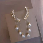 Gold Plated Faux Pearl Pendant Sparkling Rhinestone Inlaid Ear Cuff Earrings.