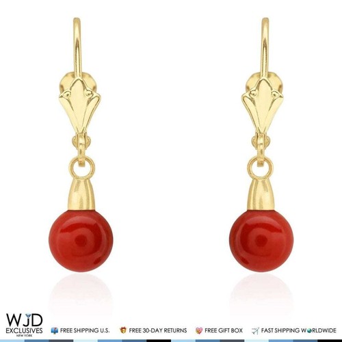 6 mm Ball Shaped Red Coral Leverback Dangle Earrings 14K Solid Yellow Gold 1&quo - Picture 3 of 5