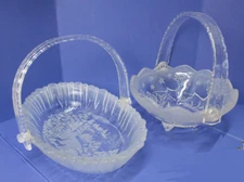 Mikasa "Silent Night"&"Winter Dreams" Frosted Glass Crystal Handle Baskets 90s