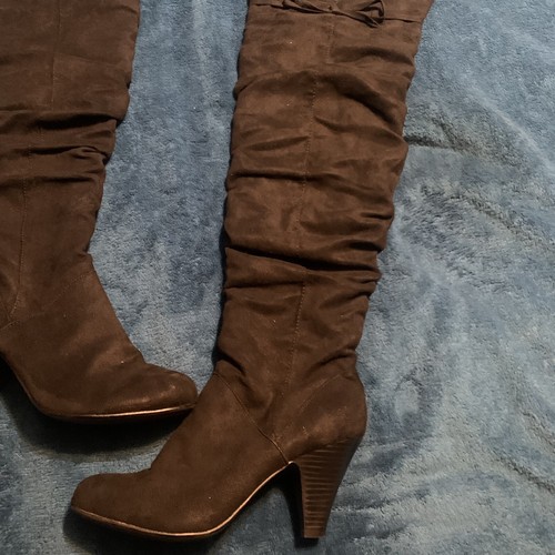 FIONI Knee High Suede Black Women Boots Size 8.5 Top Bow & Side Zipper Closure - Picture 3 of 11
