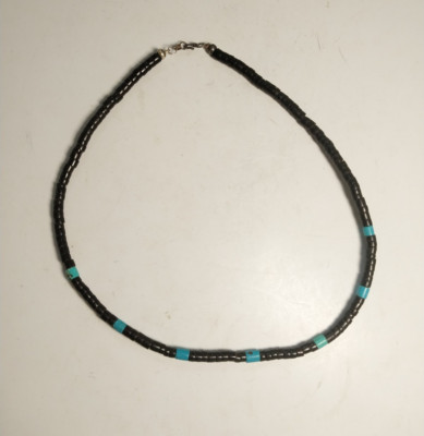 Vntg Native American Black Coral & Turquoise Heishi Bead Necklace & Silver Clasp