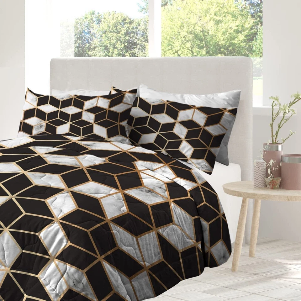 Black White Gold 3Pcs Comforter Geometric Cube Bedding Set Reversible Queen Size - Image 4 of 4