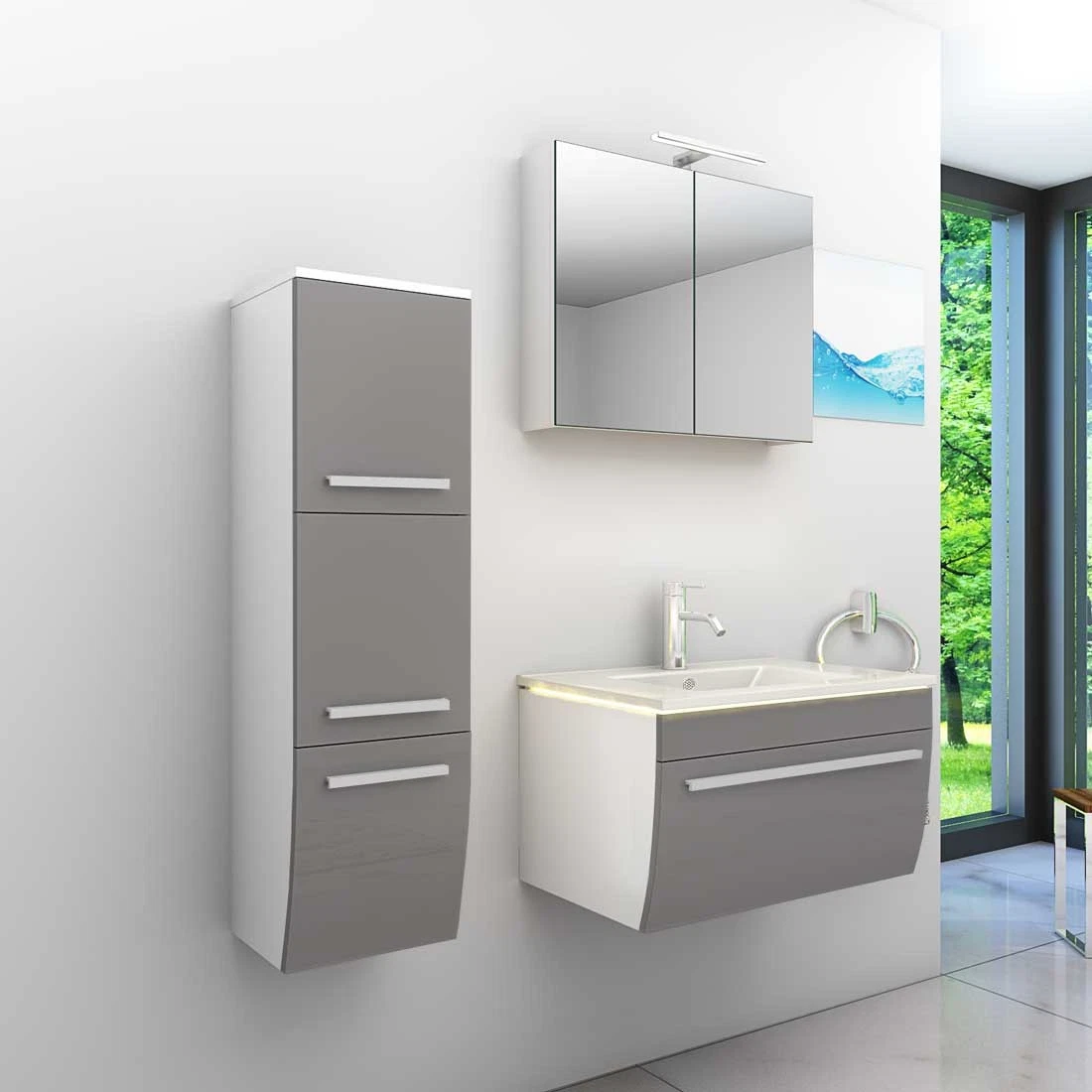 Badmöbel Set Gently 3 V2-L Weiß/Grau Badezimmermöbel Badspiegel Waschtisch 70 cm