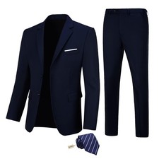 Men's 2 Piece Suit Slim Fit Tuxedo Blazer Pants with Tie Navy Blue L