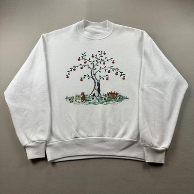 Vintage Nature Art Sweatshirt Mens Medium White Dog Cat Apple Tree Grandma 90s