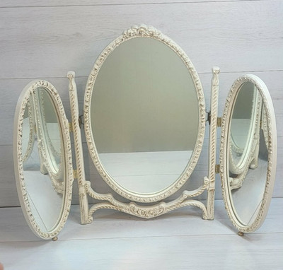 Vintage französischer Louis Stil Triptychon Spiegel creme & gold verziert dreifach Dressing