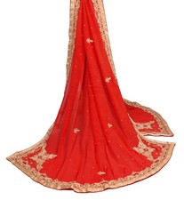 Sushila Vintage Red Wedding Dupatta Pure Chiffon Embroidered Floral Long Stole