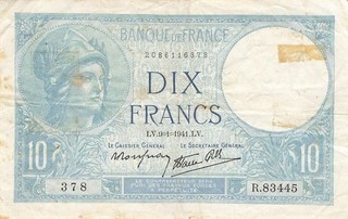 Frankreich France 10 Francs 1941 (09.01) P84 Fine (Serie R.83445)