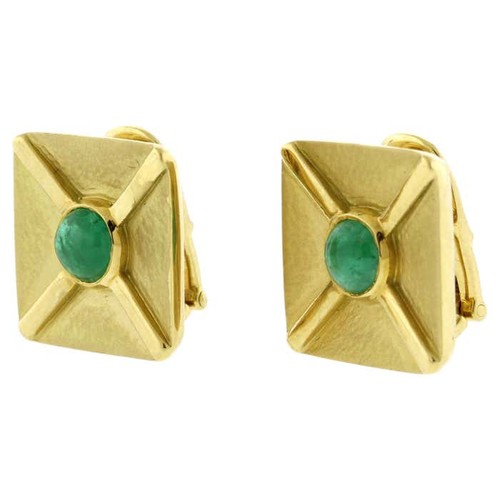 Andrew Clunn Square textured Gold Cabochon Emerald Ear Clips by Andrew Clunn