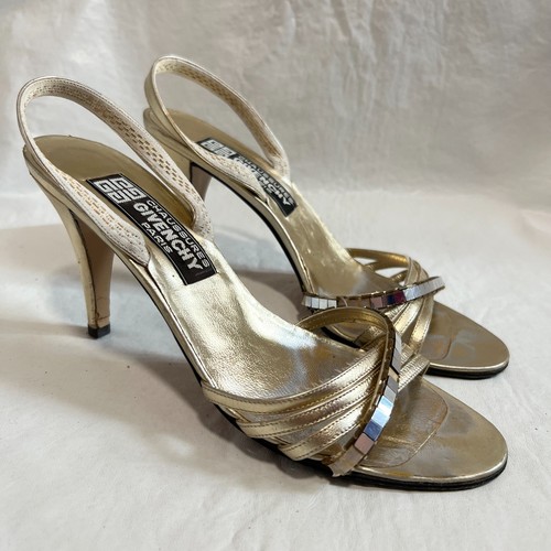 Vintage 70s Givenchy high heel sandals gold leather mirror size 7 slingback