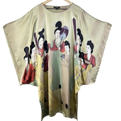 Vintage Silk Kaftan Tang Dynasty Court Ladies Print XL Asian Art Silk Tunic
