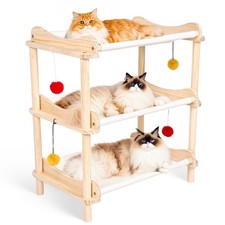 Large 3-Layer Cat Hammock Bed, 24"x15.7"x26.8" Elevated Cat Bed with Pine Woo...
