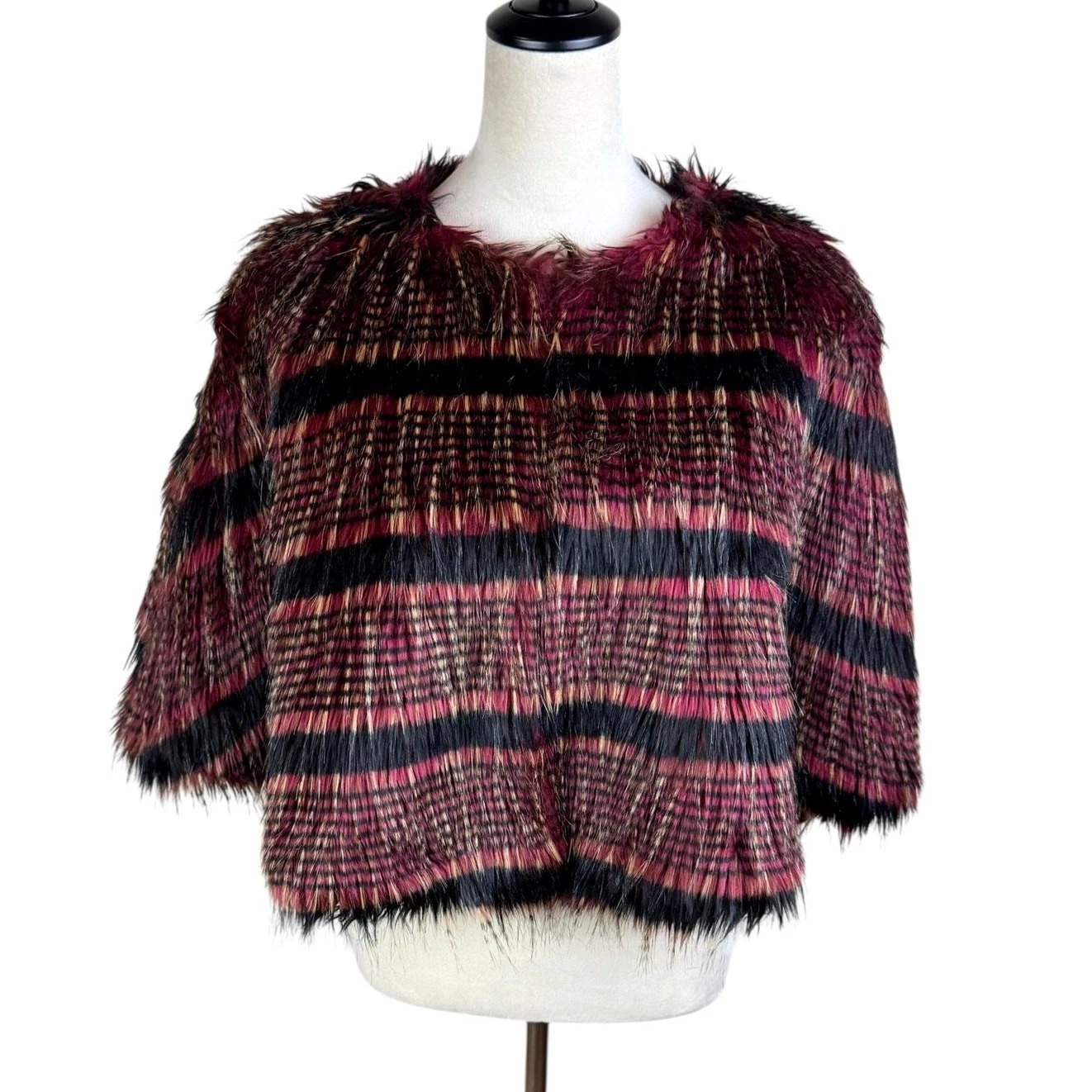 Collection Eighteen NWT Womens S/M Striped Red and Black Faux Fur Poncho Shawl
