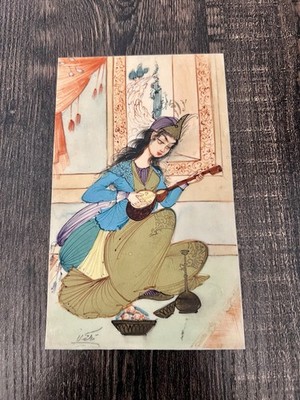 VTG Persian Miniature Hand Painted Woman Playing Tar on Camel Bone Signed 6.75''