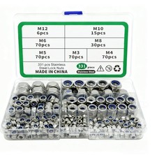331pcs Metric Lock Nuts Assortment Kit,M3 M4 M5 M6 M8 M10 M12 Nylon Insert Lockn
