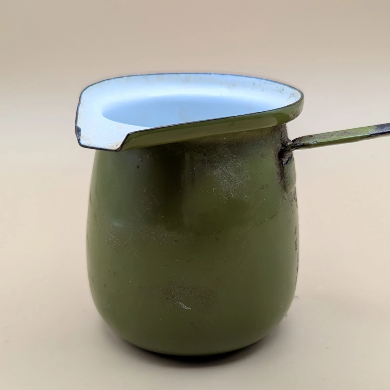Vintage GREEN Enamel Dipper Ladle Butter Warmer Turkish Danish Coffee Pot