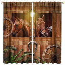 Horse Curtains, Western Bedroom Living Room Stable Horseshoe Carriage Wheel M...