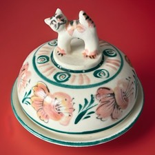 BORIS VITLIN STUDIO ART POTTERY COVERED DISH CAT FINIAL FLORAL PATTERN RARE FIND
