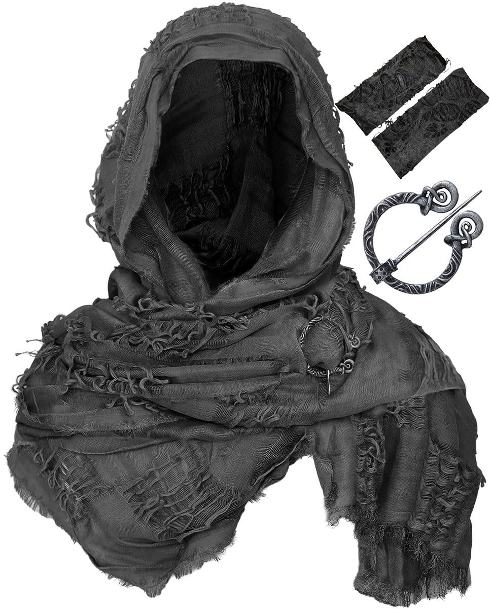 Medieval Hooded Shawl Set with Viking Brooch, Punk Gloves & Arm