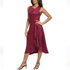 DKNY Satin Asymmetrical Hem Neck Sleeveless Faux Wrap Cascading Ruffle Dress 16