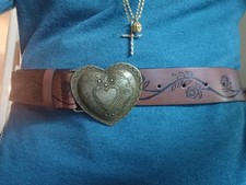WOMEN WESTERN EMBOSSED BROWN LEATHER BELT HEART BUCKLE M/L belt length is 44in