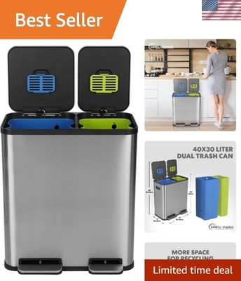 Kitchen Trash Can Dual Compartment 70L 18.5G Stainless Steel Recycle Waste
