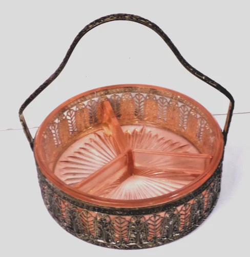 Vintage Glass Dish Divided Pink Depression STARBURST Dish in Metal Caddy  5.25"