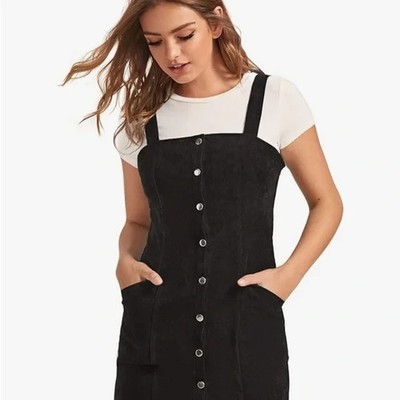 Button-Up Mini Black Denim Pinafore Overall Dress with Pockets Divided Womens 8