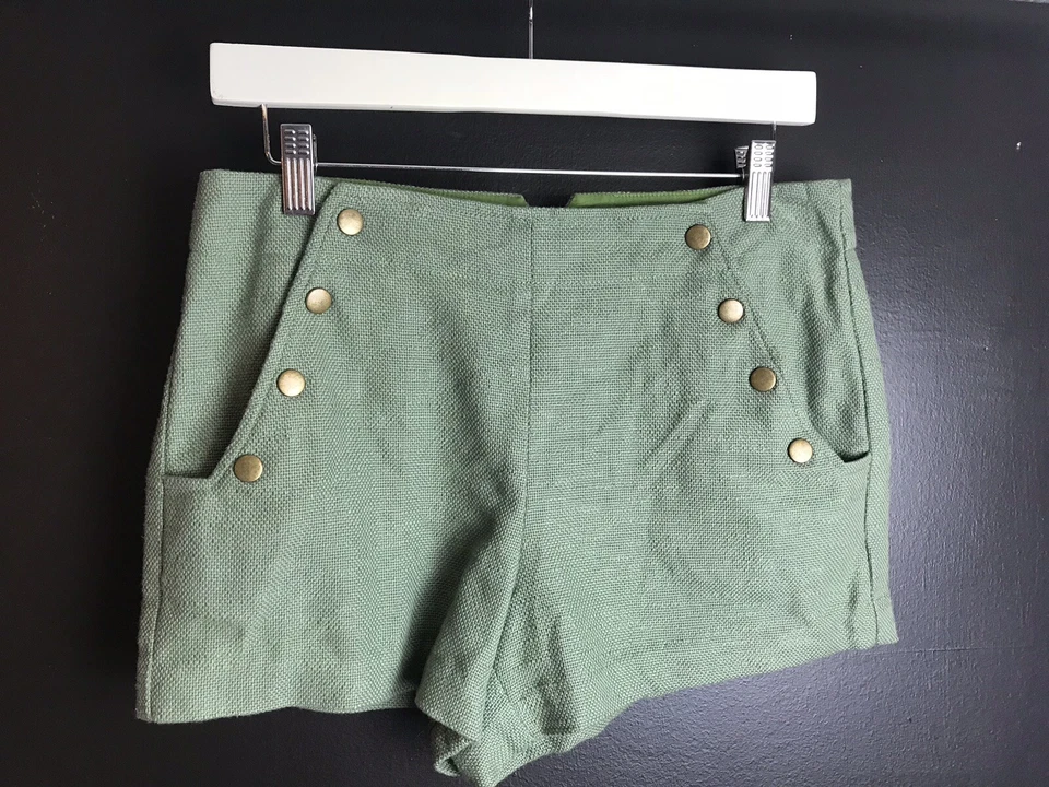 Pantalones Cortos TIBI Tiro Alto Verde Oliva Ejército Texturizado Botón a Presión Frontal Militar Talla 6 Foto 2 de 4
